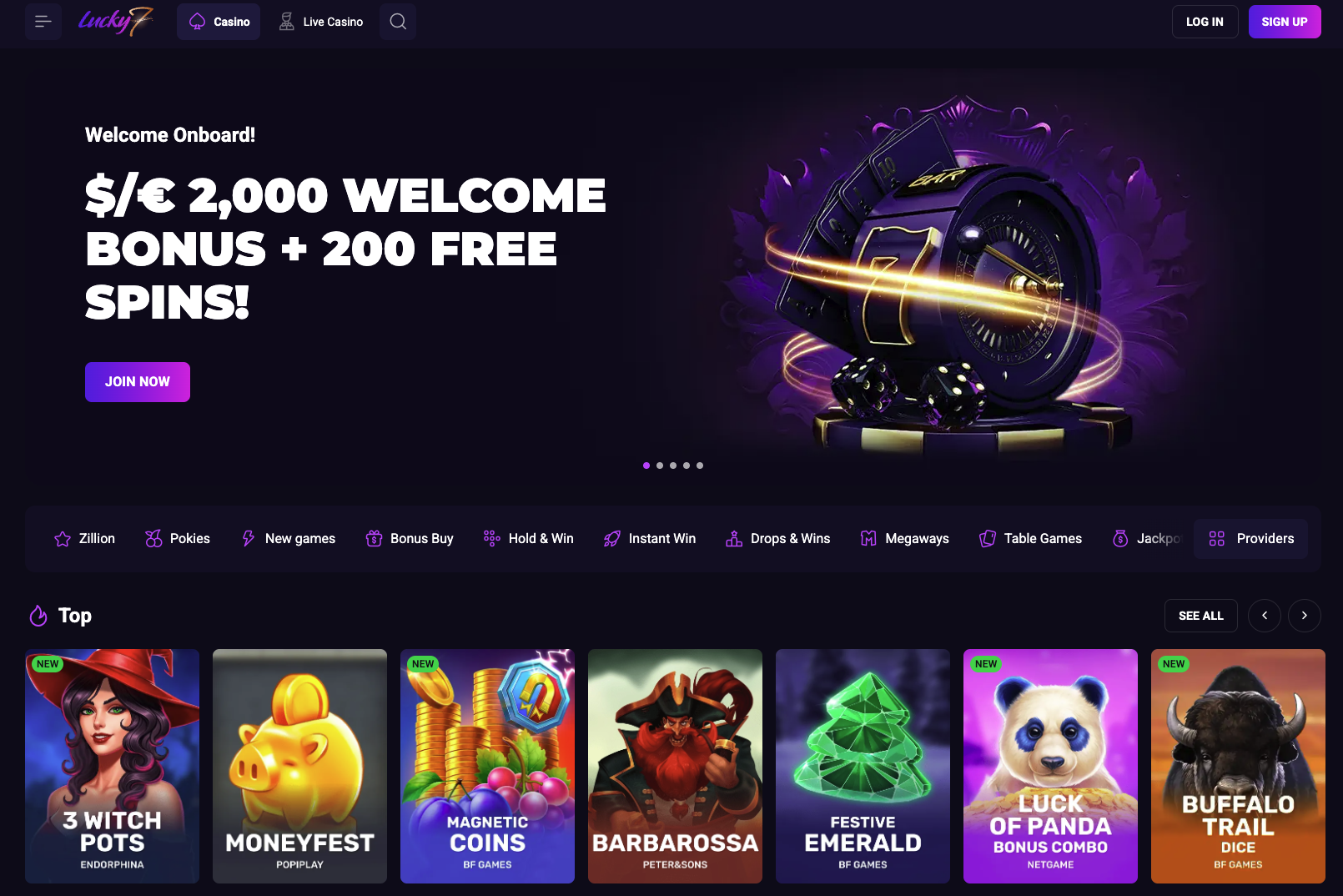 Lucky7even Casino homepage screenshot