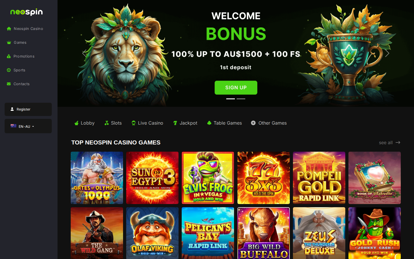 Neospin Casino homepage screenshot
