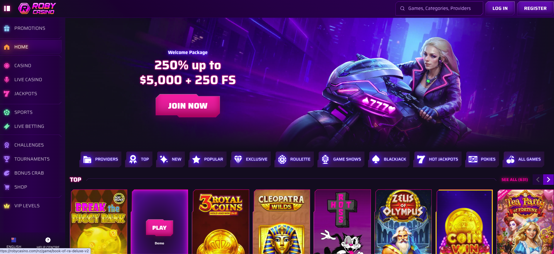 Roby Casino homepage screenshot