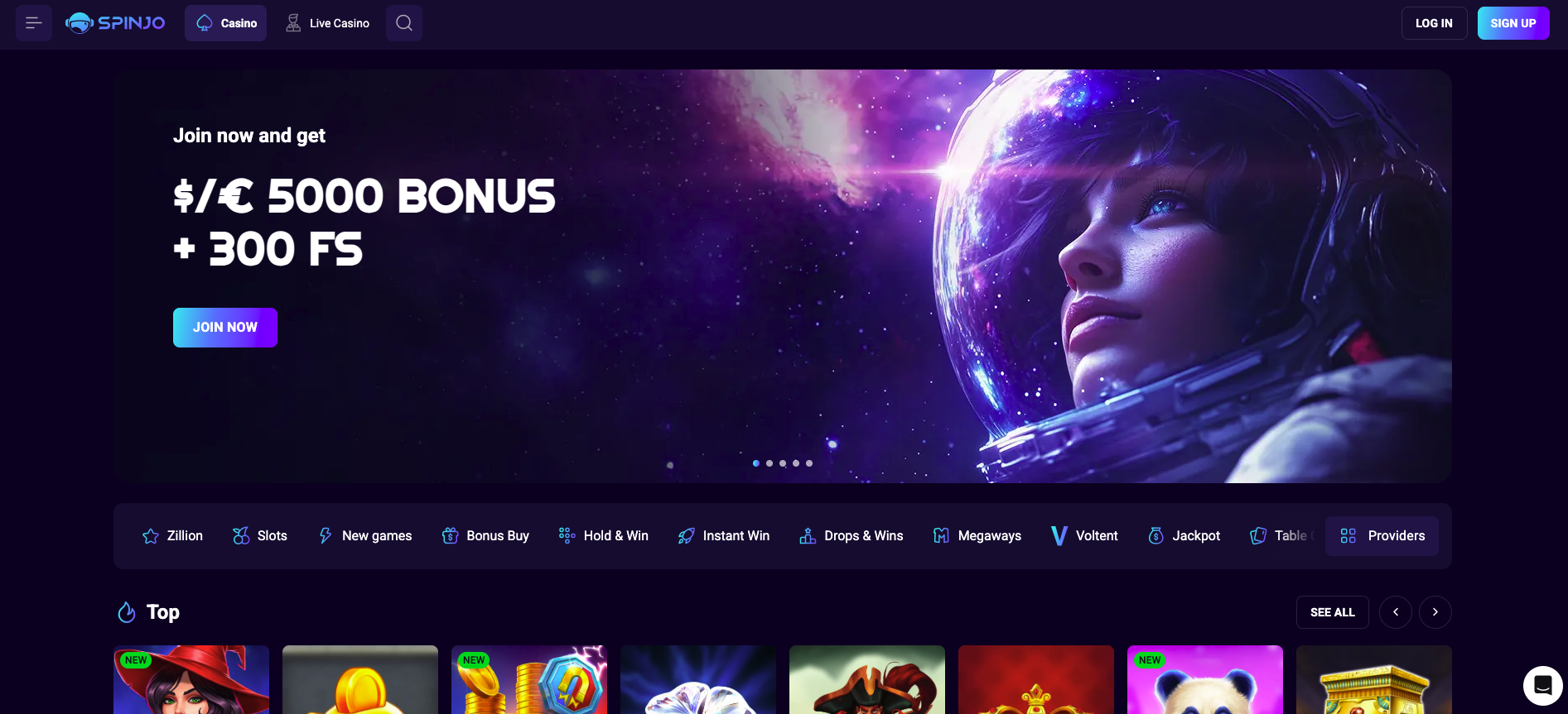 Spinjo Casino homepage screenshot