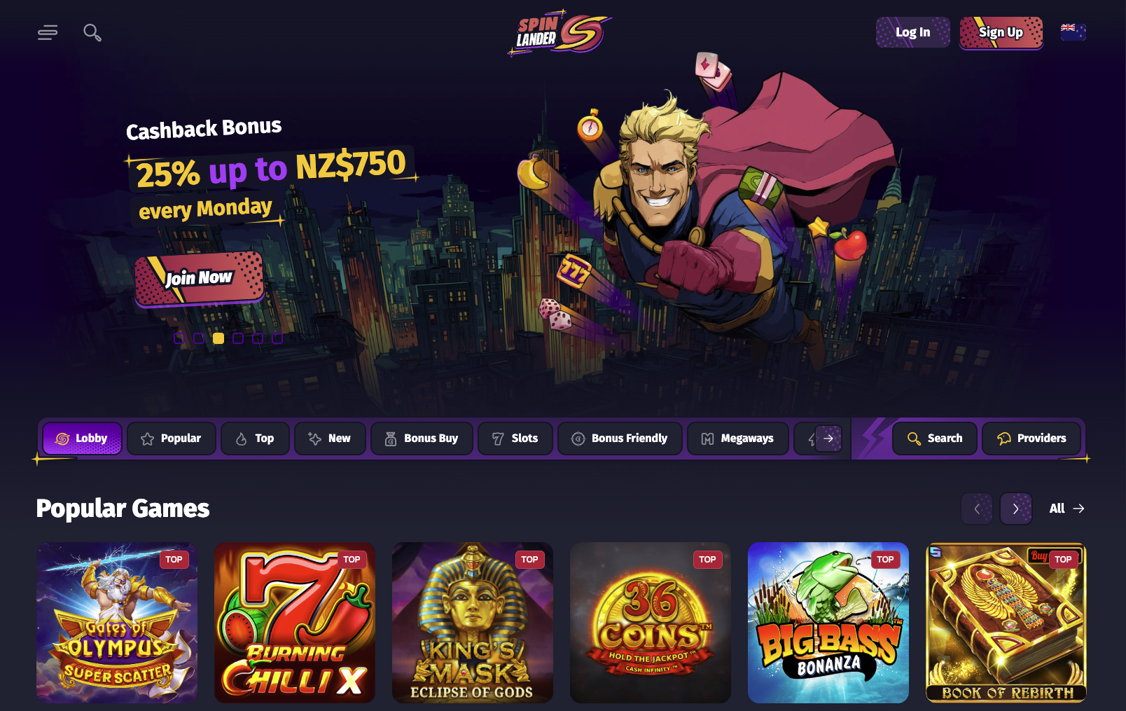 Spinlander Casino homepage screenshot